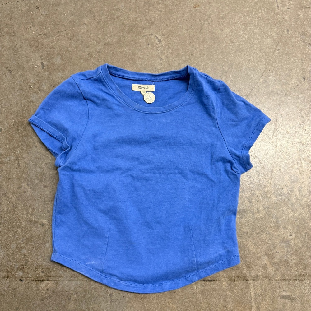 Madewell Womens XXS Blue Short Sleeve Curved Hem Crew Neck T-Shirt Seam Detail